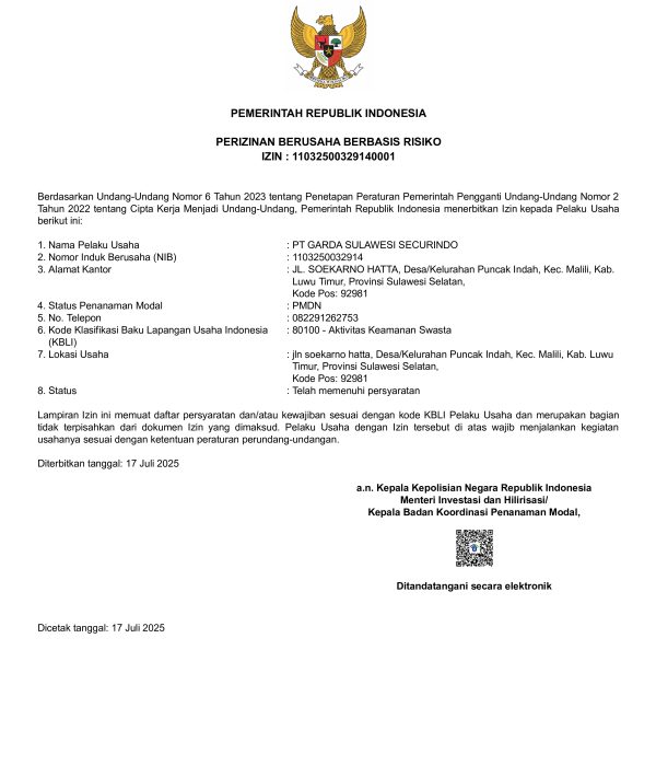 PT. GARDA SULAWESI SECURINDO
TELAH SURAT IZIN OPERASIONAL BUJP
NOMOR: 11032500329140001