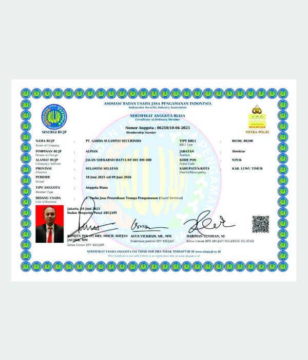 PT. GARDA SULAWESI SECURINDO
TELAH TERDAFTAR PADA
ASOSIASI BADAN USAHA JASA PENGAMANAN INDONESIA
DENGAN NOMOR ANGGOTA 06210/10-06-2025